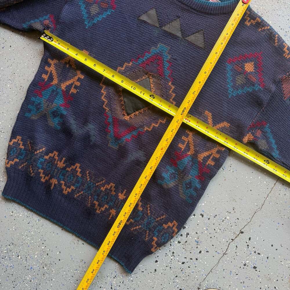 Vintage 90s Southwestern Aztec Print Crewneck Sweater with Leather Trim - Picture 7 of 7